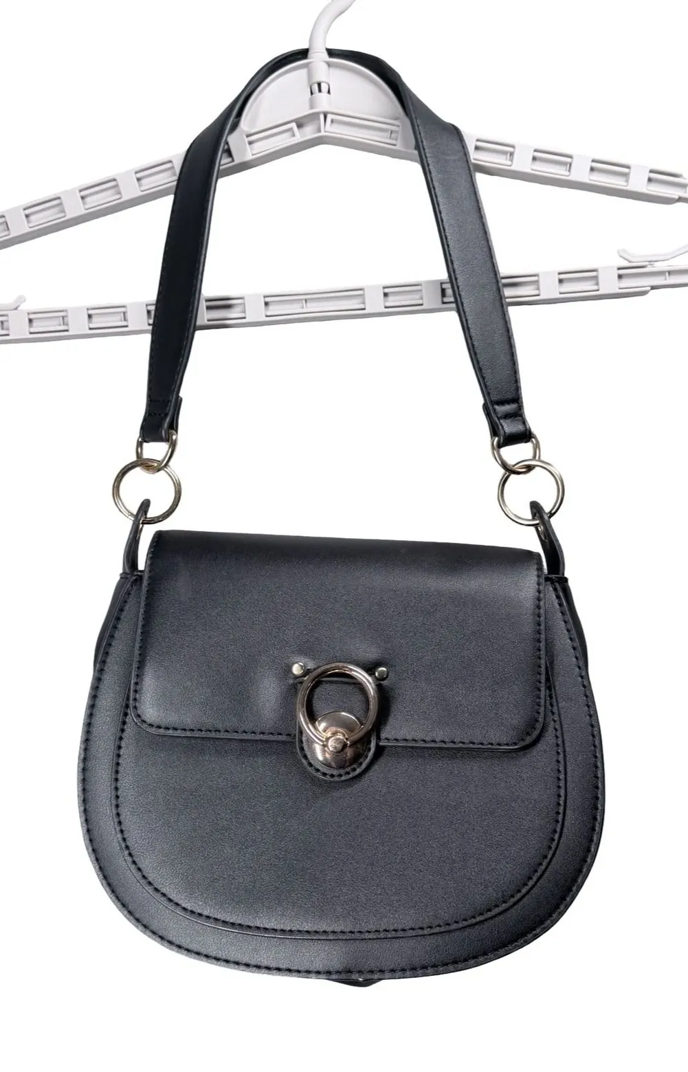 Badgley Mischka Black Saddle Bag Crossbody Purse Gold Hardware Minimalist Chic - Image 1