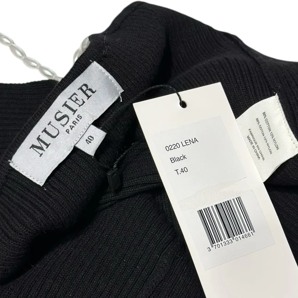 MUSIER PARIS Lena Ribbed Top W/ Pearl Straps, Black, FR40/US8 Black Size M - Image 9