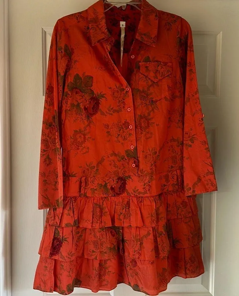 Uncle Frank Button Up Ruffle Orange Cotton Floral Dress Women’s Small Artsy - Image 1