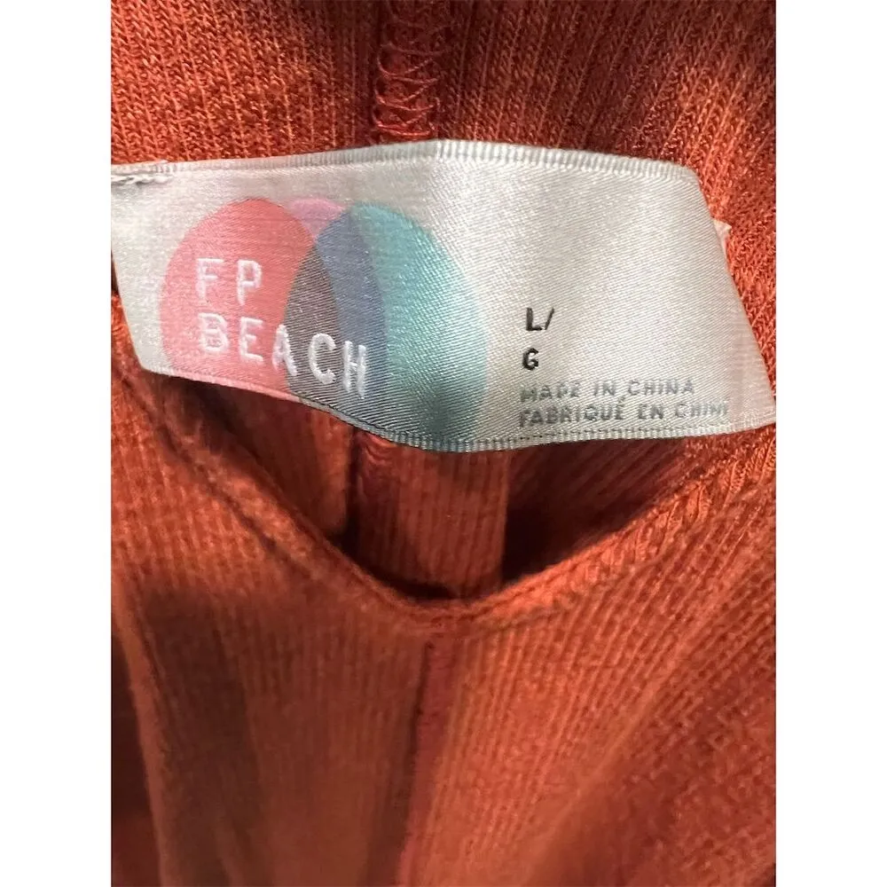 FB Free People Beach Orange V-Neck Sleeveless Ribbed Tank Dress Top Size L - Image 4