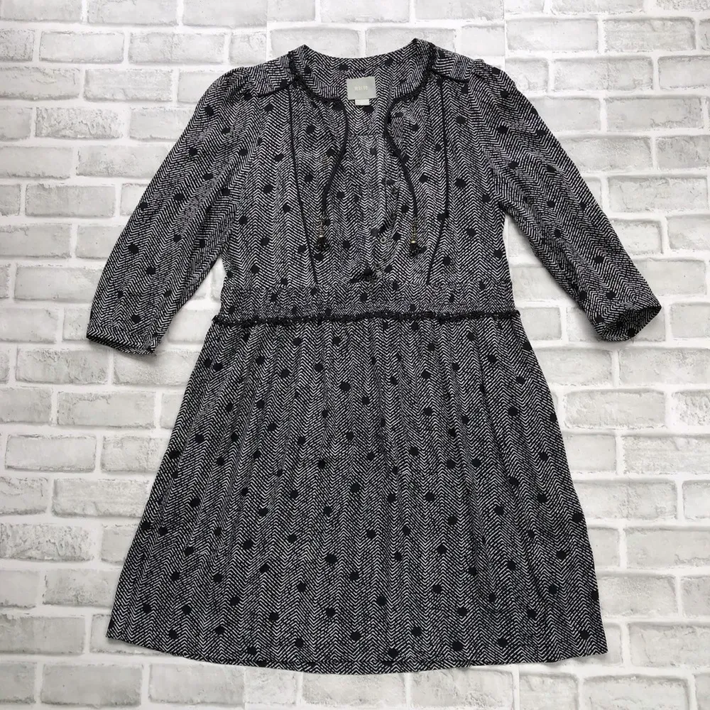 Anthropologie MAEVE Herringbone Dot Print GALEN DRESS Black Chevron Tie-Neck - Image 3