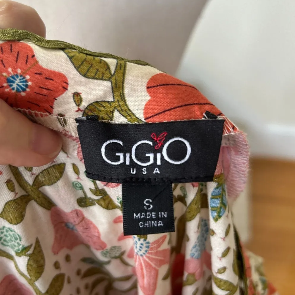 Gigio Cream Orange Olive Green Puff Sleeve Floral Block Print V - Image 4