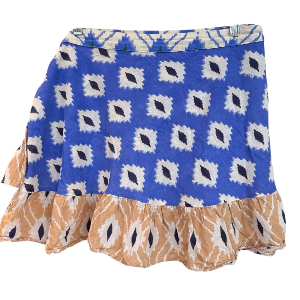 Zara Blue Tan Print Ruffled Mini Wrap Pareo Skirt Coverup Size Large - Image 7
