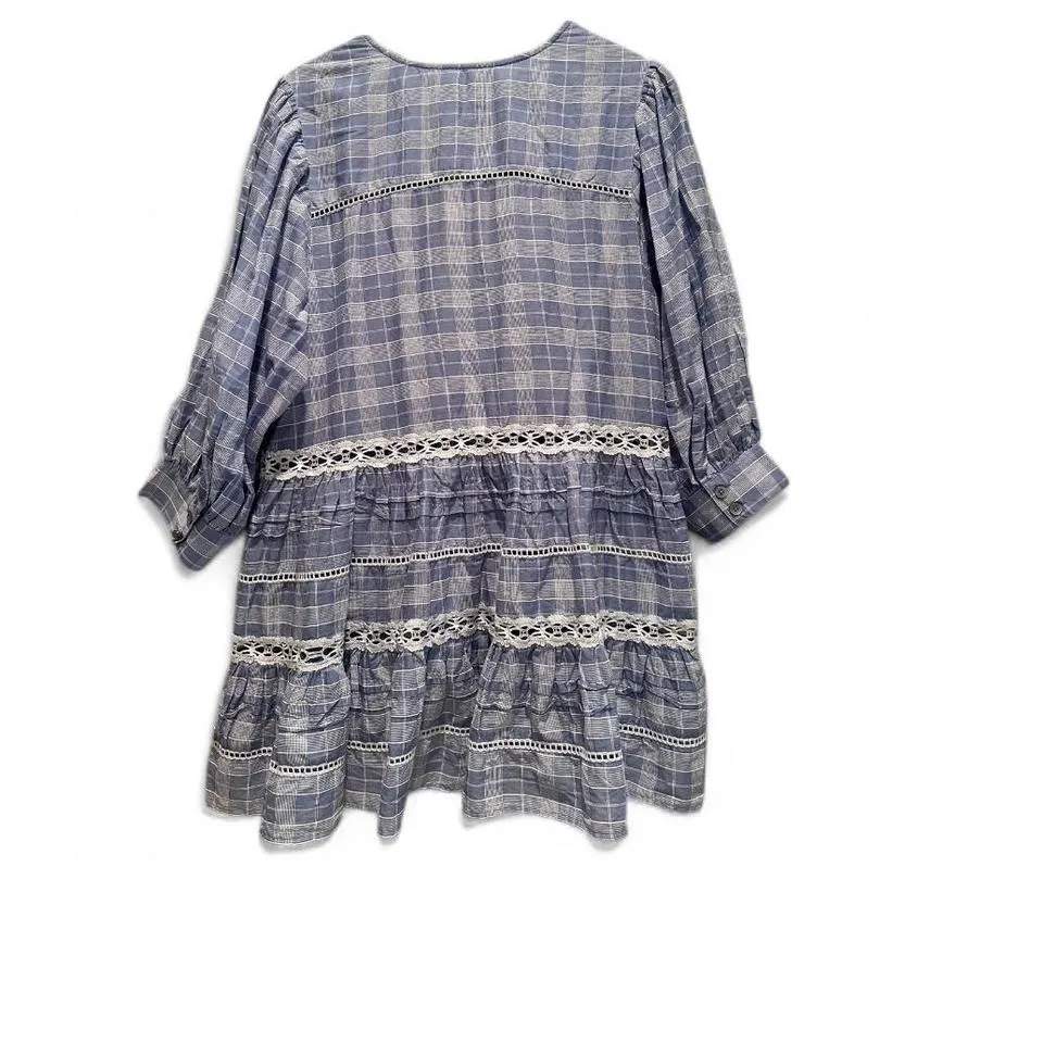 NWT Free‎ People Blue Chambray Lace Plaid Time Out Tunic Top Size Large - Image 3