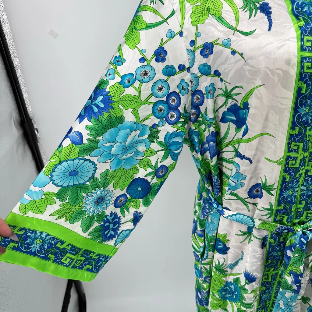 VTG Brownstone Studio NY‎ Kaftan Blue Green White Floral Mrs Roper LG Retro 70s - Image 12