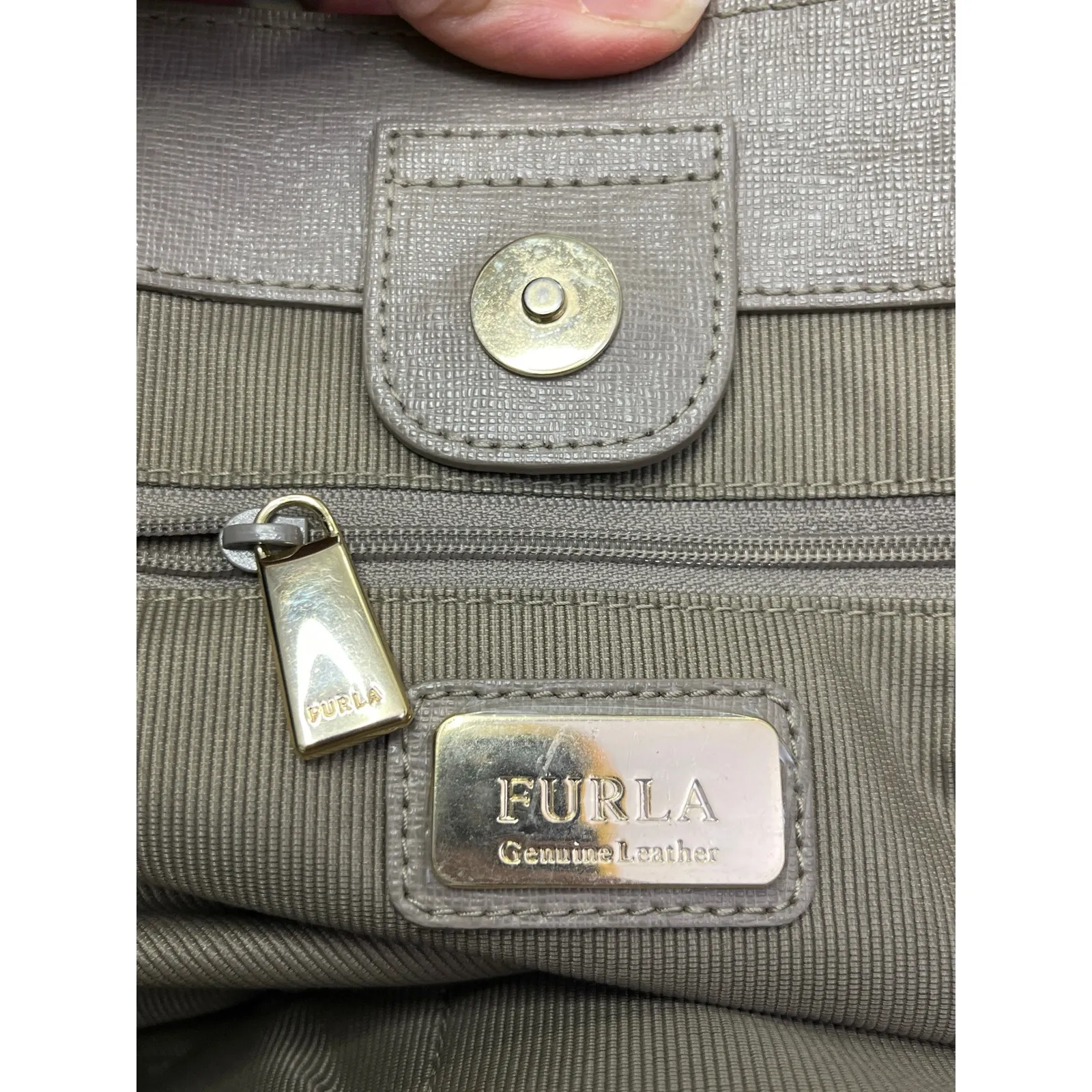 Furla Saffiano Leather Tote Shoulder Bag Gray Taupe Gold Hardware Italy - Image 3