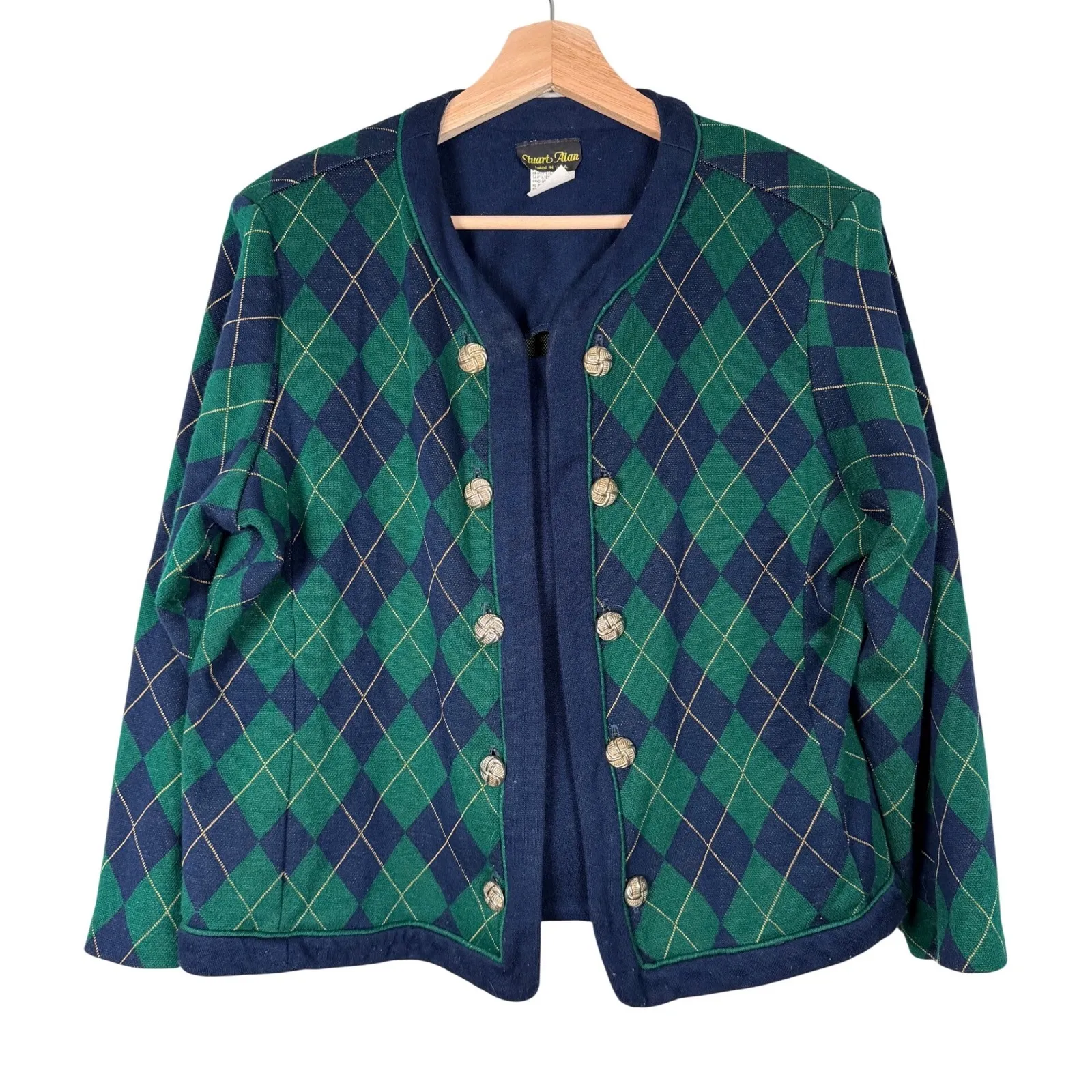 Stuart Alan Womens Cardigan Sweater Jacket Navy Green Argyle Button Front Sz 18 - Image 1