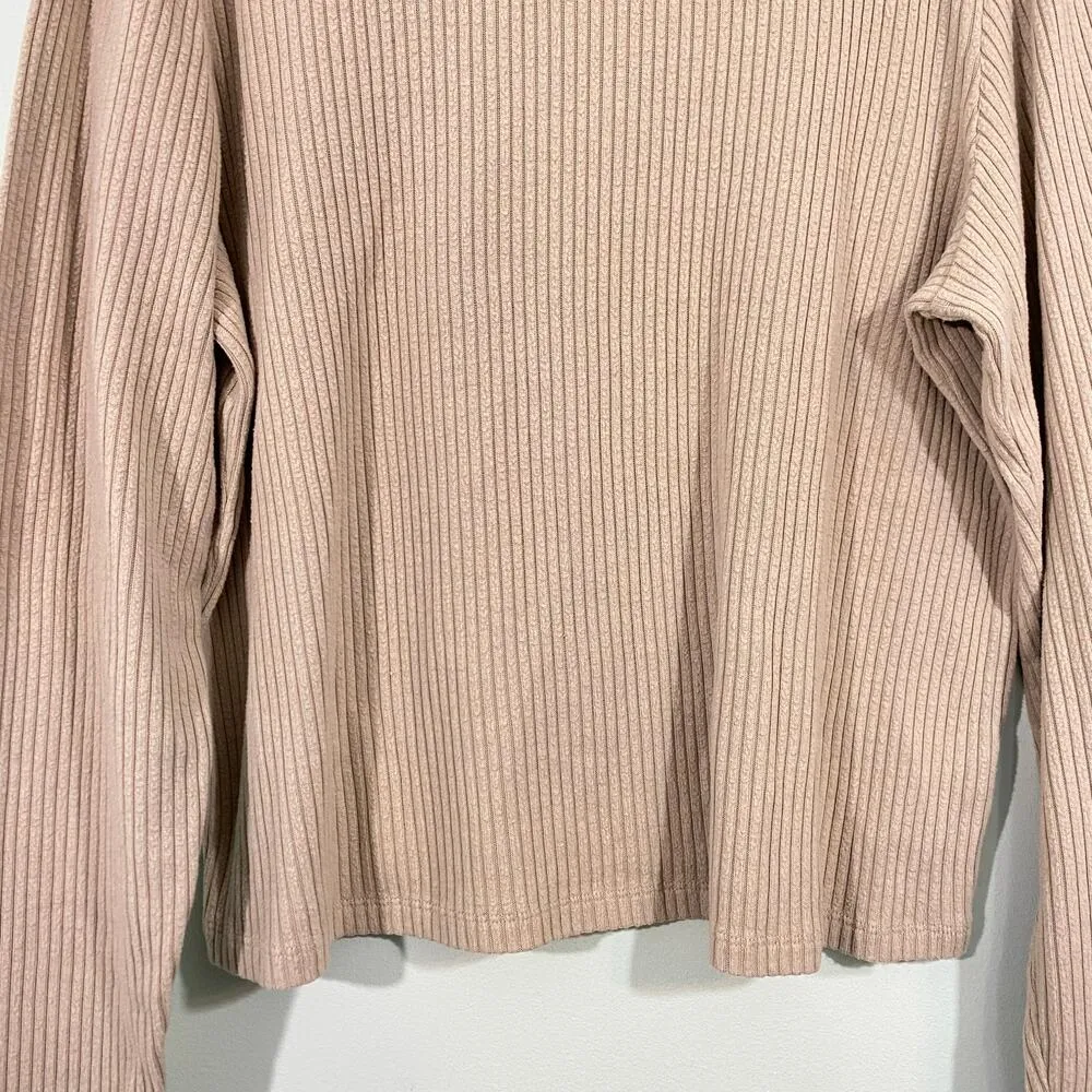 Aritzia Babaton Women's Oatmeal Ribbed Funnel Neck Long Sleeve Top Size XL - Image 3
