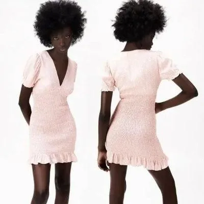 Zara Light Pink Ditsy Floral Smocked Mini Dress XS - Image 2