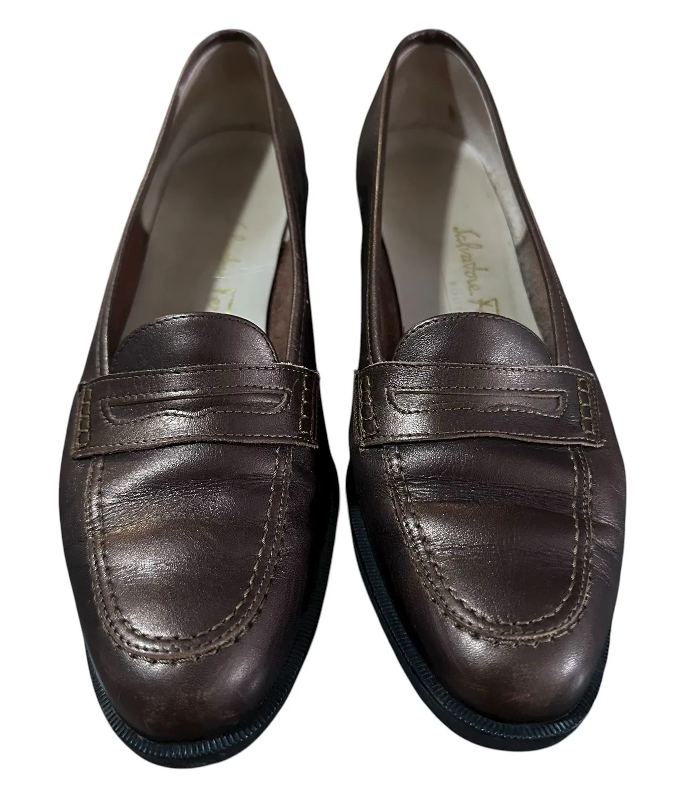 Salvatore Ferragamo Women's Bronze Leather Penny Loafers Shoes Size 7.5 2A - Image 1