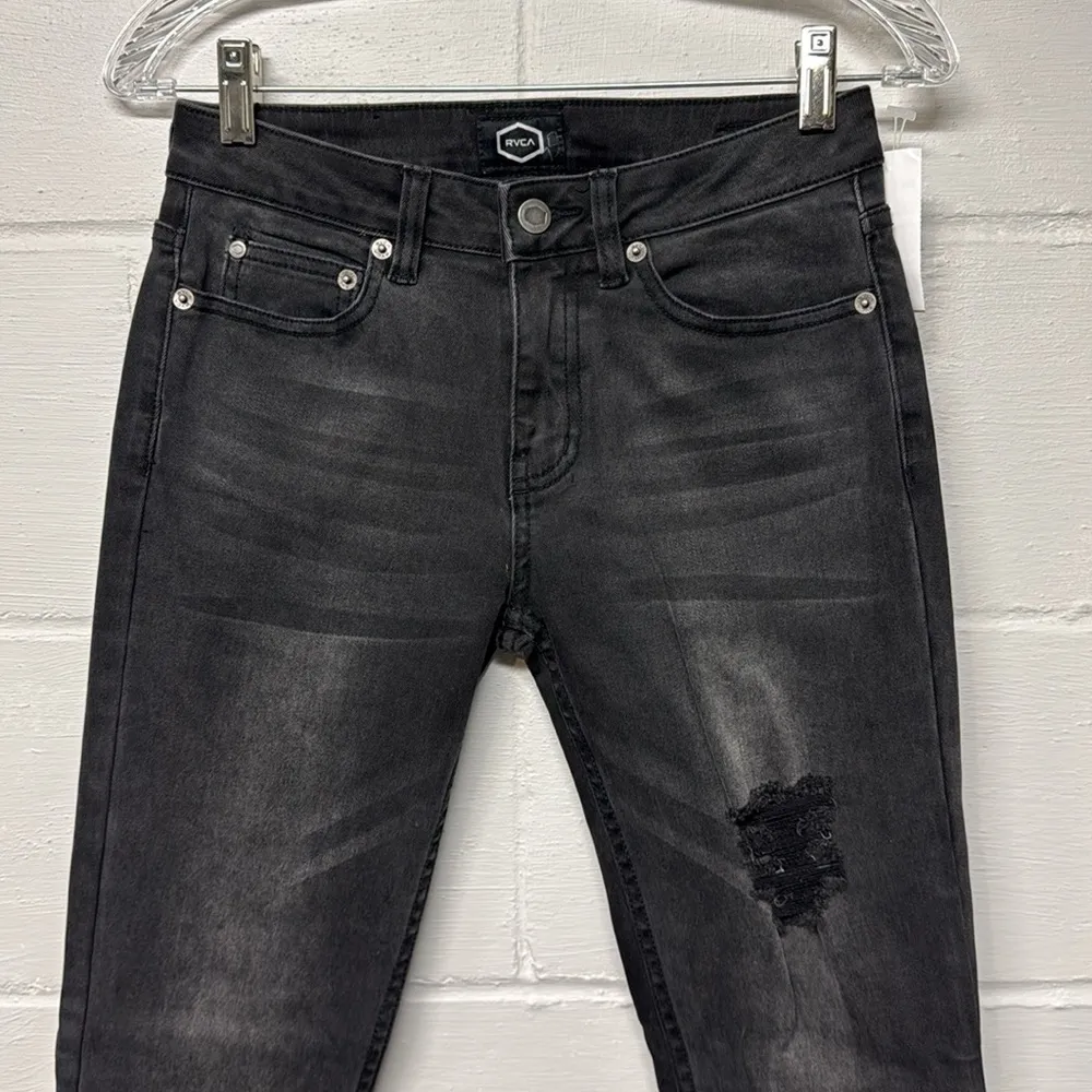 RVCA Washed Black Gray Dayley Distressed Chewed Hem Skinny Jeans Size 27 - Image 2
