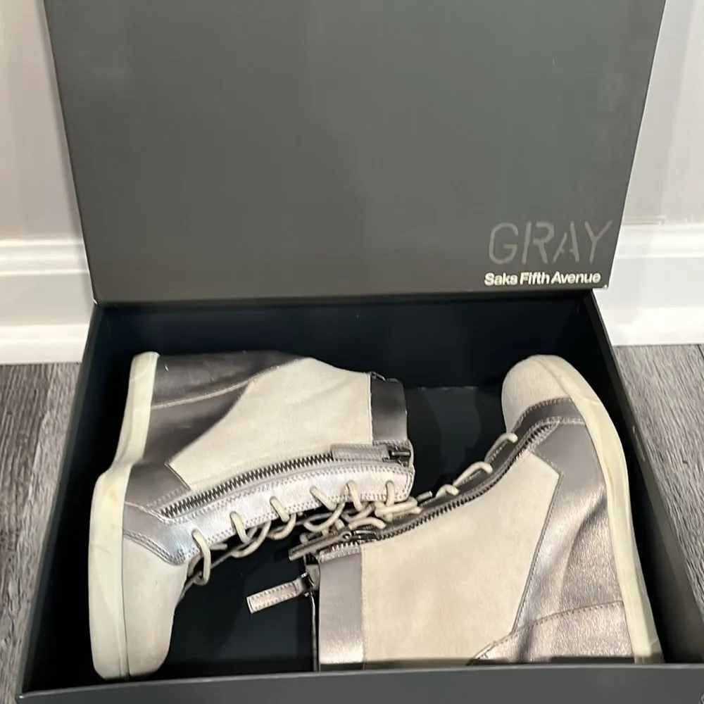 Gray for Saks Fifth Avenue Suede Leather Metallic Lace Up Wedge Booties sz 6.5 - Image 9