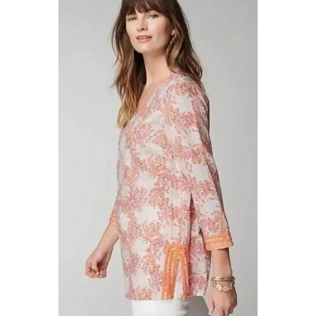 J Jill Top Womens Medium Petite Orange Pink Coral Reef Print Linen Cotton Tunic Size undefined - Image 3