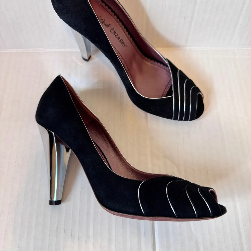 Jean Michel Cazabat Black Suede Heels Women’s 6.5 Silver Stilettos Peep Toe - Image 10