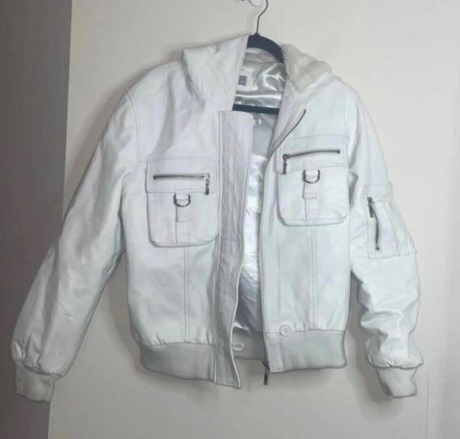 White 100% Leather Long Sleeve Bomber Jacket Faux Fur Hood Coat FLAWS Size L - Image 1
