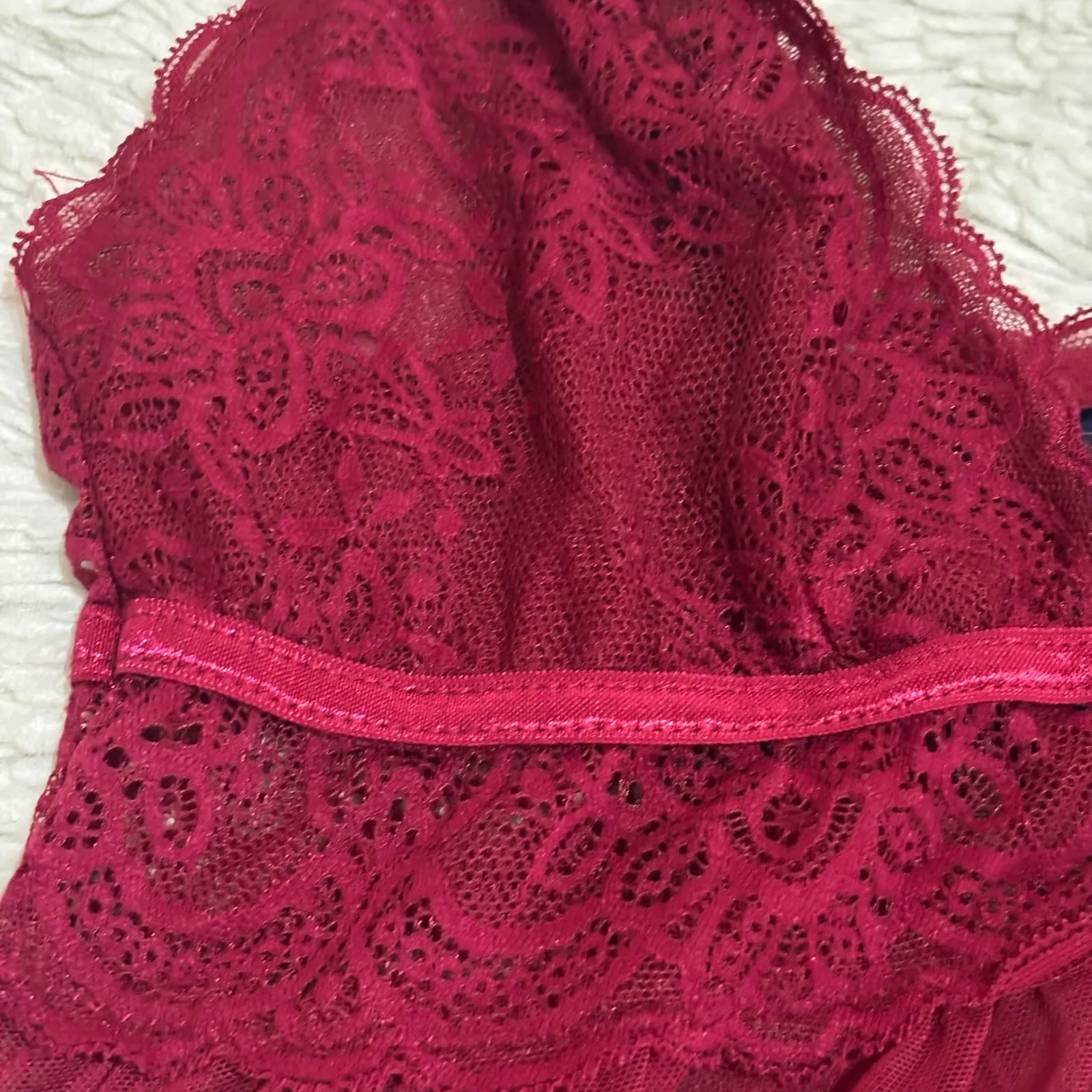 RACHEL ROY Burgundy Lace Trim Mesh Babydoll Chemise Lingerie Sheer Womens Medium Red - Image 3