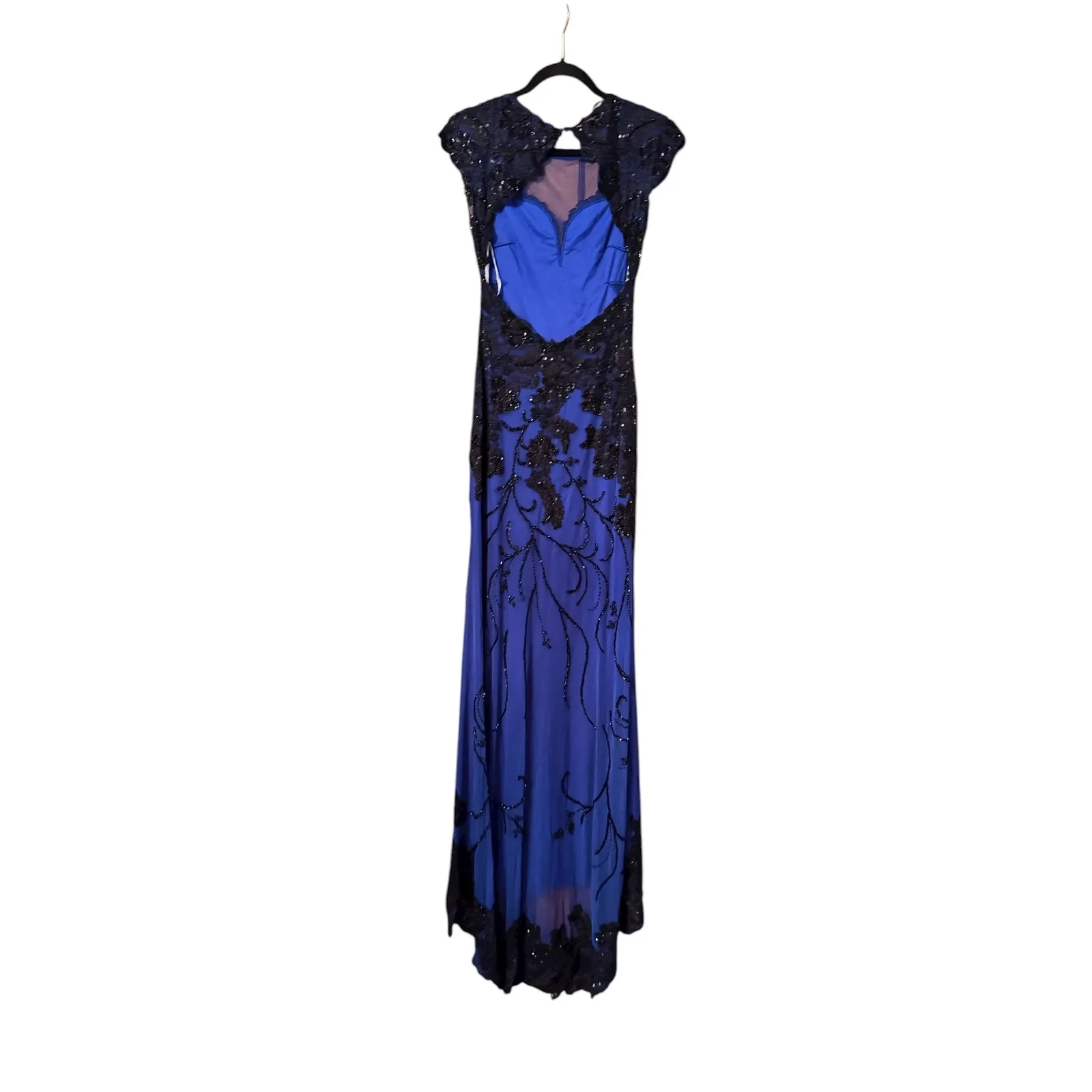 Mac Duggal Royal Blue Black Beaded Lace Cap Sleeve High Slit Gown - Image 3