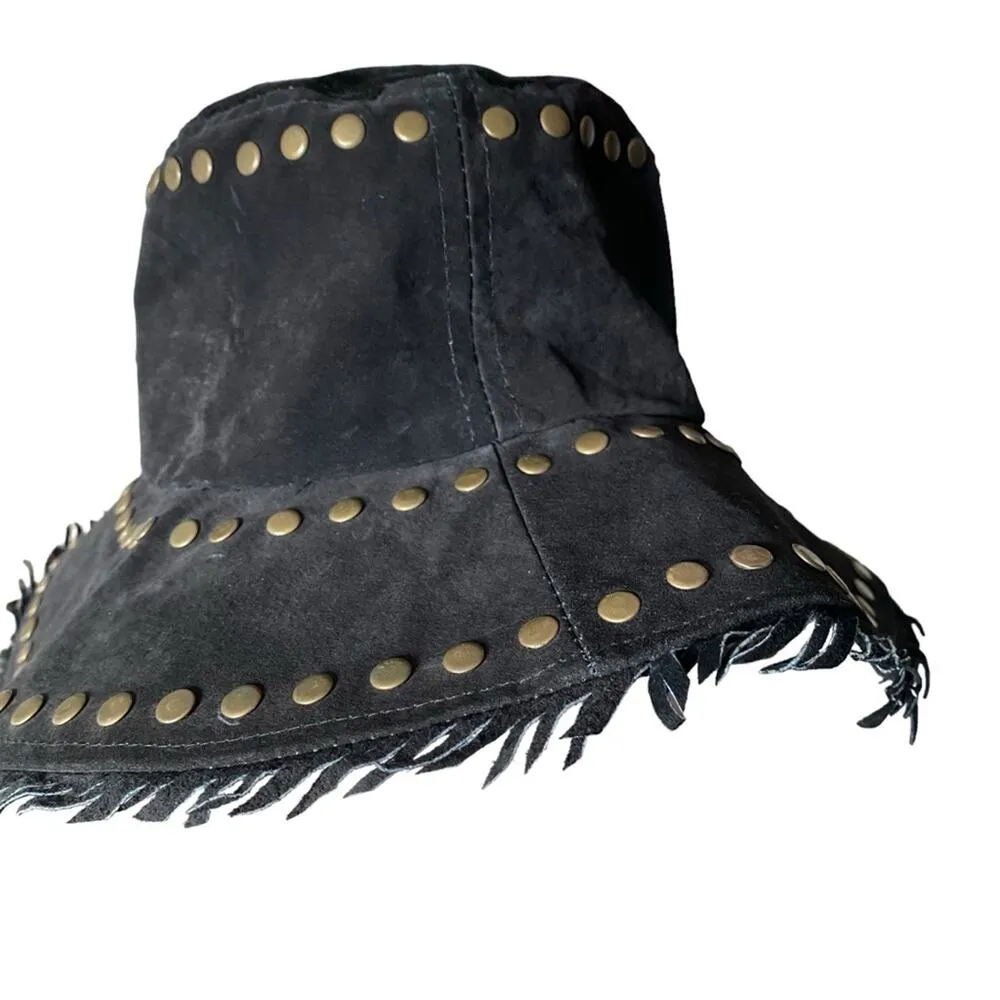 Suede Boho Black Fringe Studded Festival Bucket Hat Gold Stud one size - Image 4
