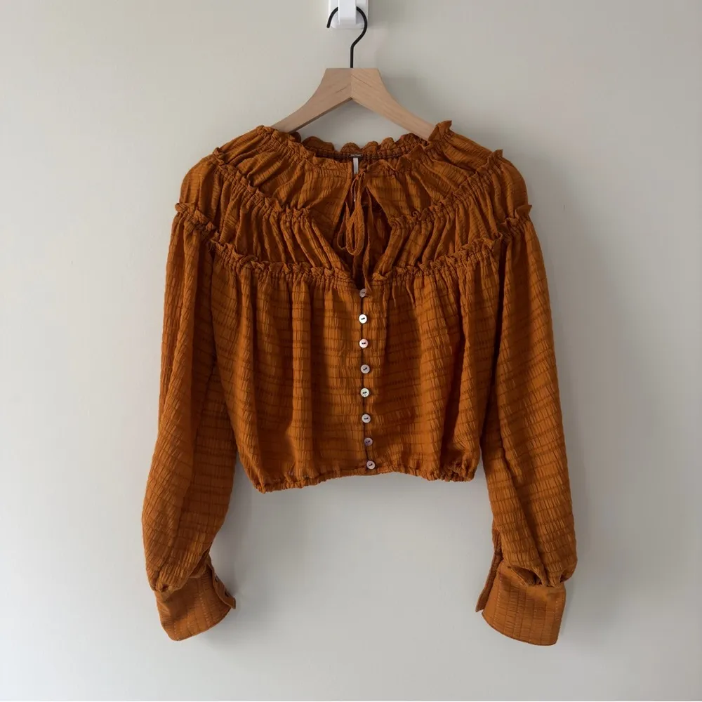 Free People Hailey Blouse Rust Brown Ruffled Women's Top peasant button down XS - Image 2