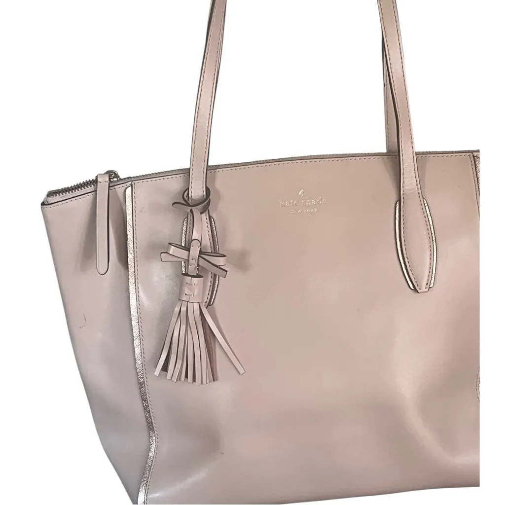Kate Spade New York Leather “Kali” pinkish beige ,gold trim Shoulder Handbag. - Image 11