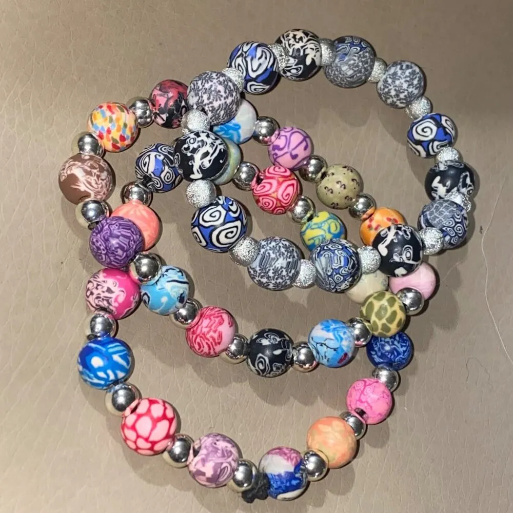 Viva Beads Colorful Beaded Stretch Bracelets Artisans Polymer Clay Set Of 3 Silver - Image 3