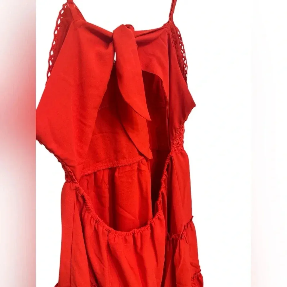 Summer V Neck Bowknot Spaghetti Strap Lace Dresses Sleeveless Flowy Dresses Red Size XL - Image 3