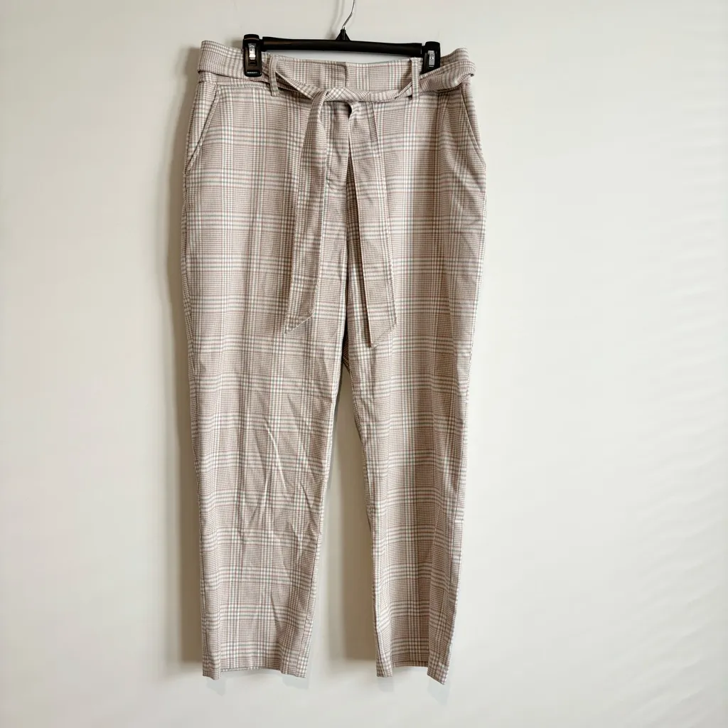 Joie‎ plaid pants tie belt dress pants trousers tan blue size 10 - Image 2
