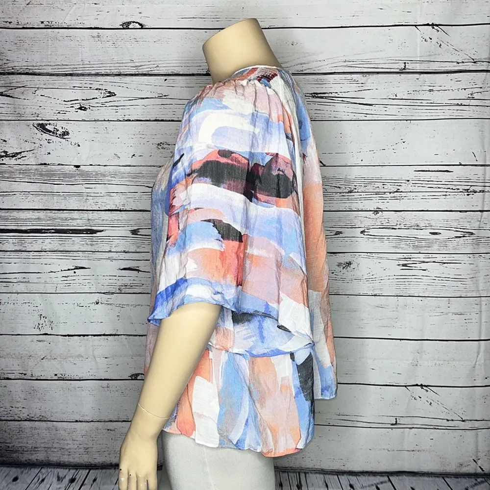 Zac & Rachel Woman Size 2X Watercolor Print Short Sleeve Keyhole Blouse Top Blue - Image 3