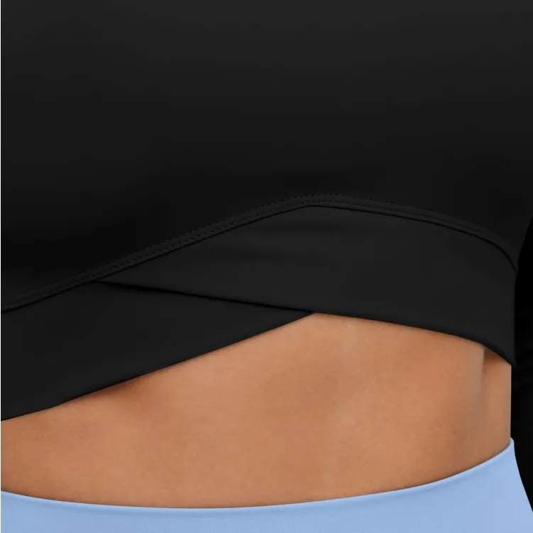 HALARA medium black cropped long sleeve thumb hole Crossover cropped yoga top - Image 4