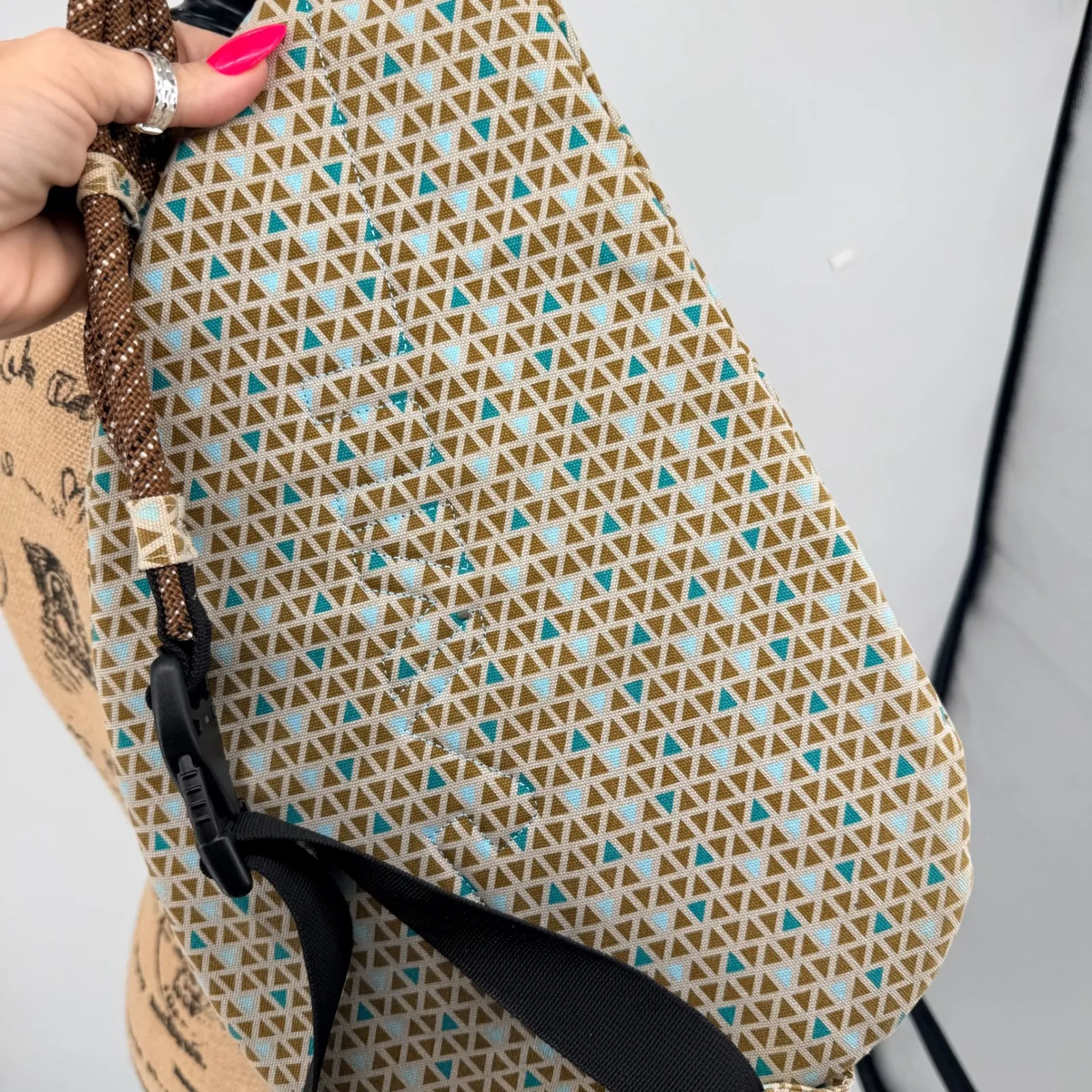 KAVU Rope Sling Backpack Geometric Print Adjustable Strap Teal Tan Brown Travel - Image 5