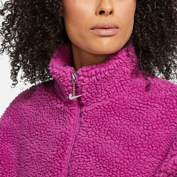 Nike Pink Purple Sherpa Active Faux Fur Cropped Jacket in Magenta - Image 4