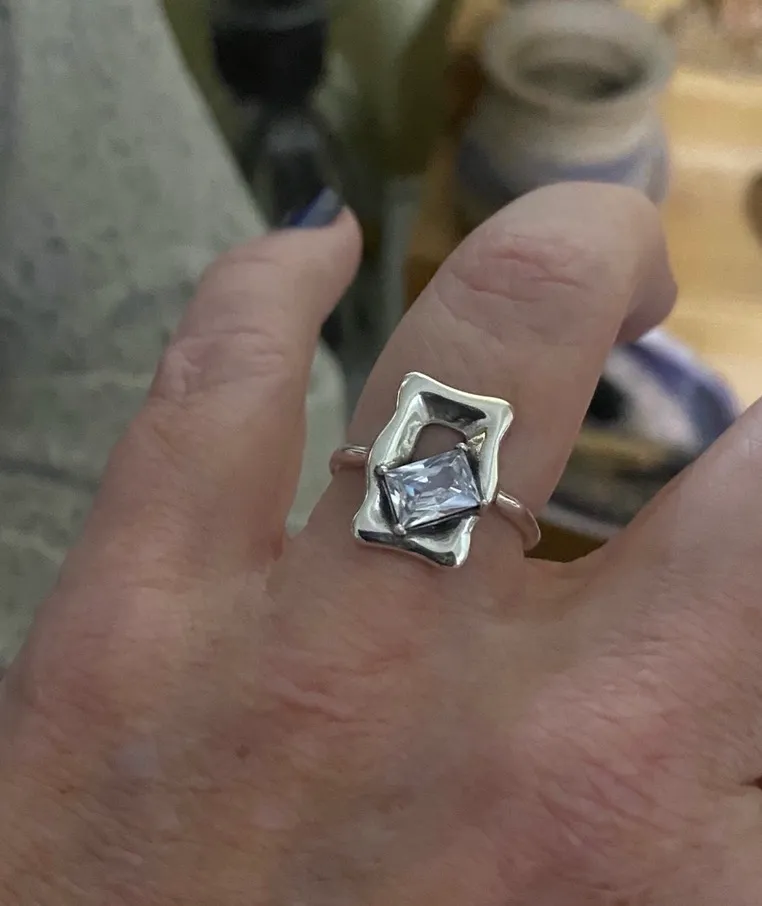 Womens Sterling Silver Geometric Glass Stone Adjustable Ring - Image 3