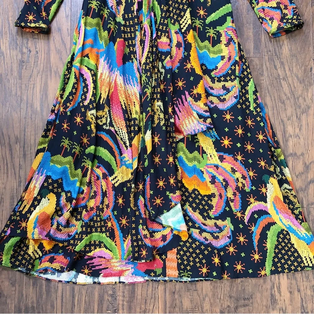 Farm Rio • Macaw Island Dress long sleeve maxi black cross stitch print - Image 10