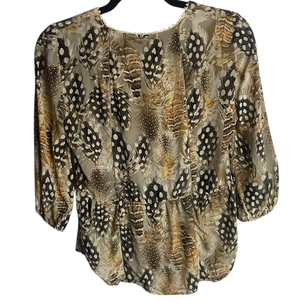 Etcetera Size 2 Silk Button Down Blouse Crochet Inlet Feather Brown Boho Hippie - Image 2