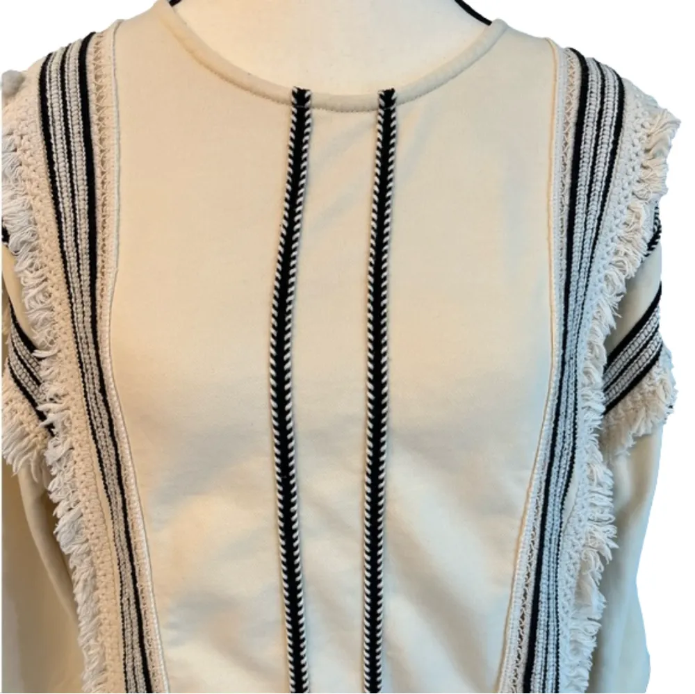 eri + ali Anthropologie cotton terry lined striped top with fringe accents, M Black Size M - Image 6