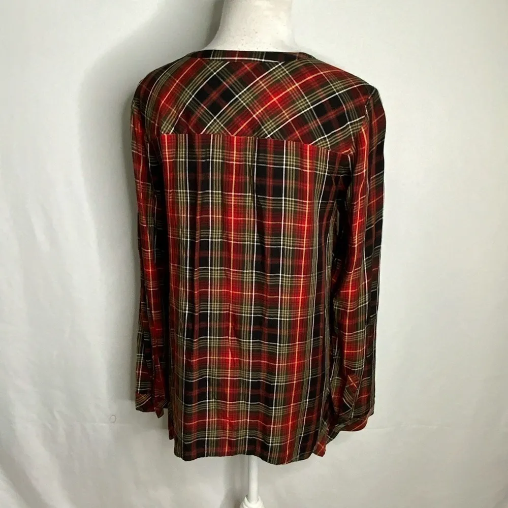 J Jill Long Sleeve Red & Black Plaid V Neck Casual Long Sleeve Top XS - Image 7