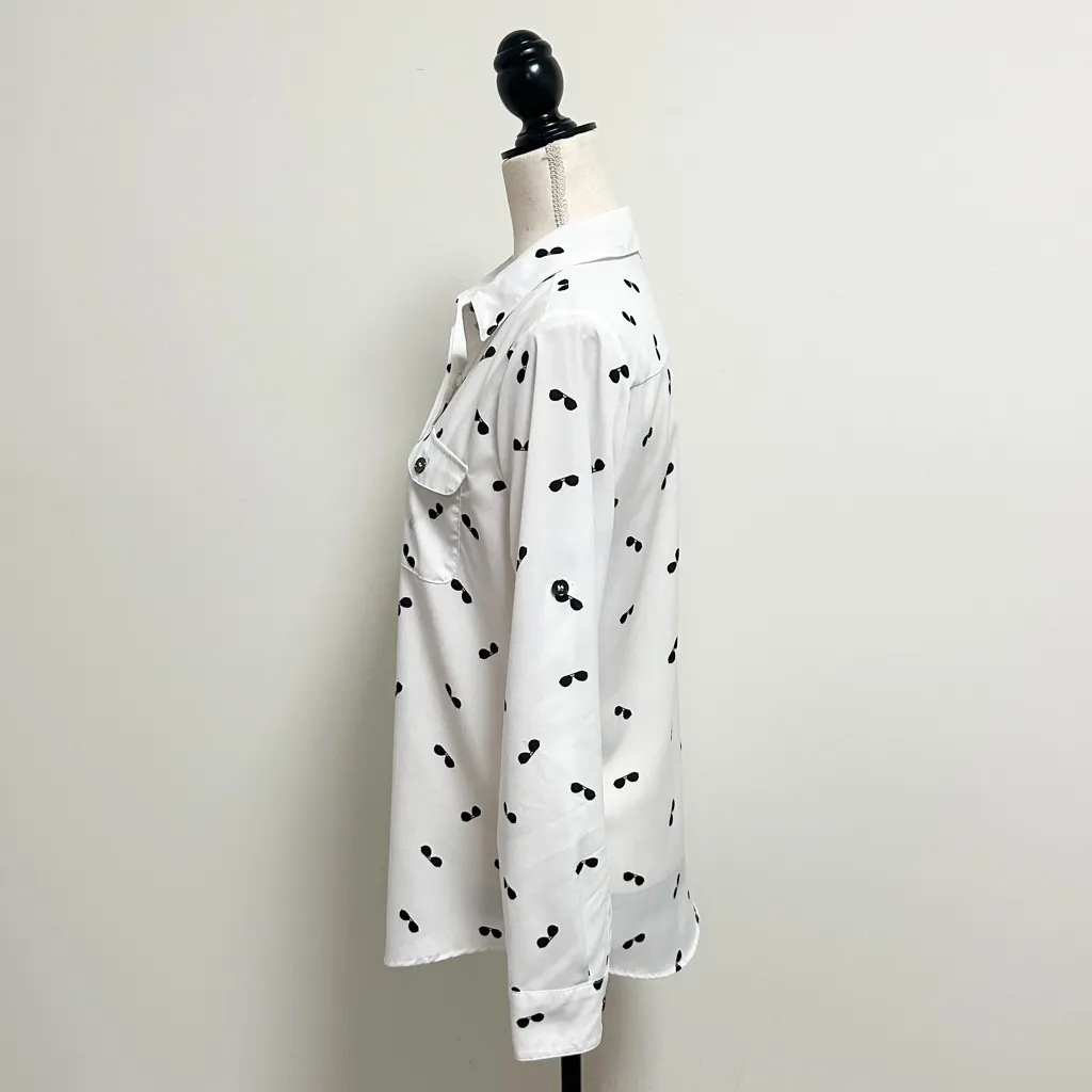 Karl Lagerfeld White Black Sunglasses Roll Tab Sleeve Button Up Collar Blouse XS - Image 9