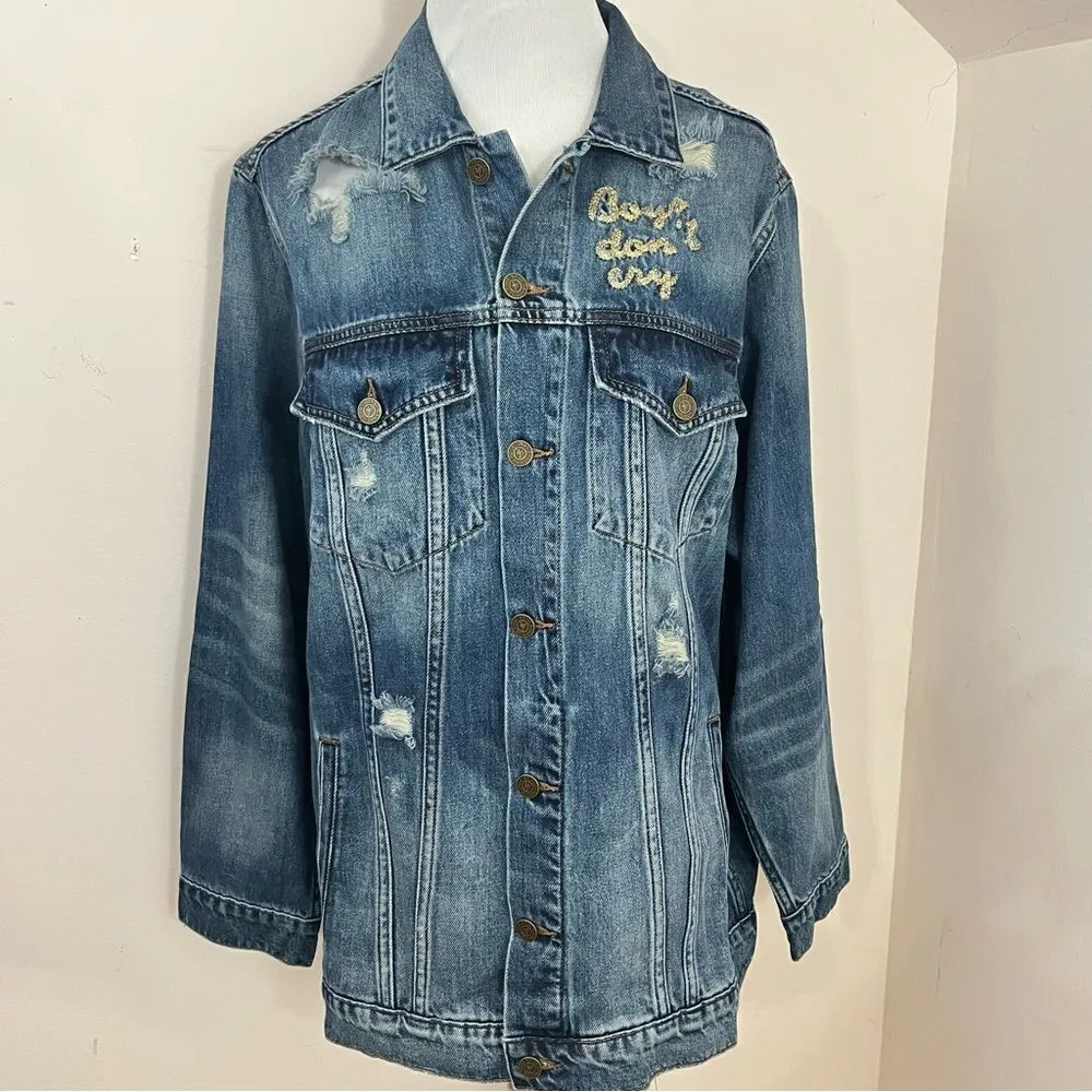 Sandrine Rose x Free People Distressed Embroidered Denim Trucker Jacket L NEW Blue Size L - Image 2