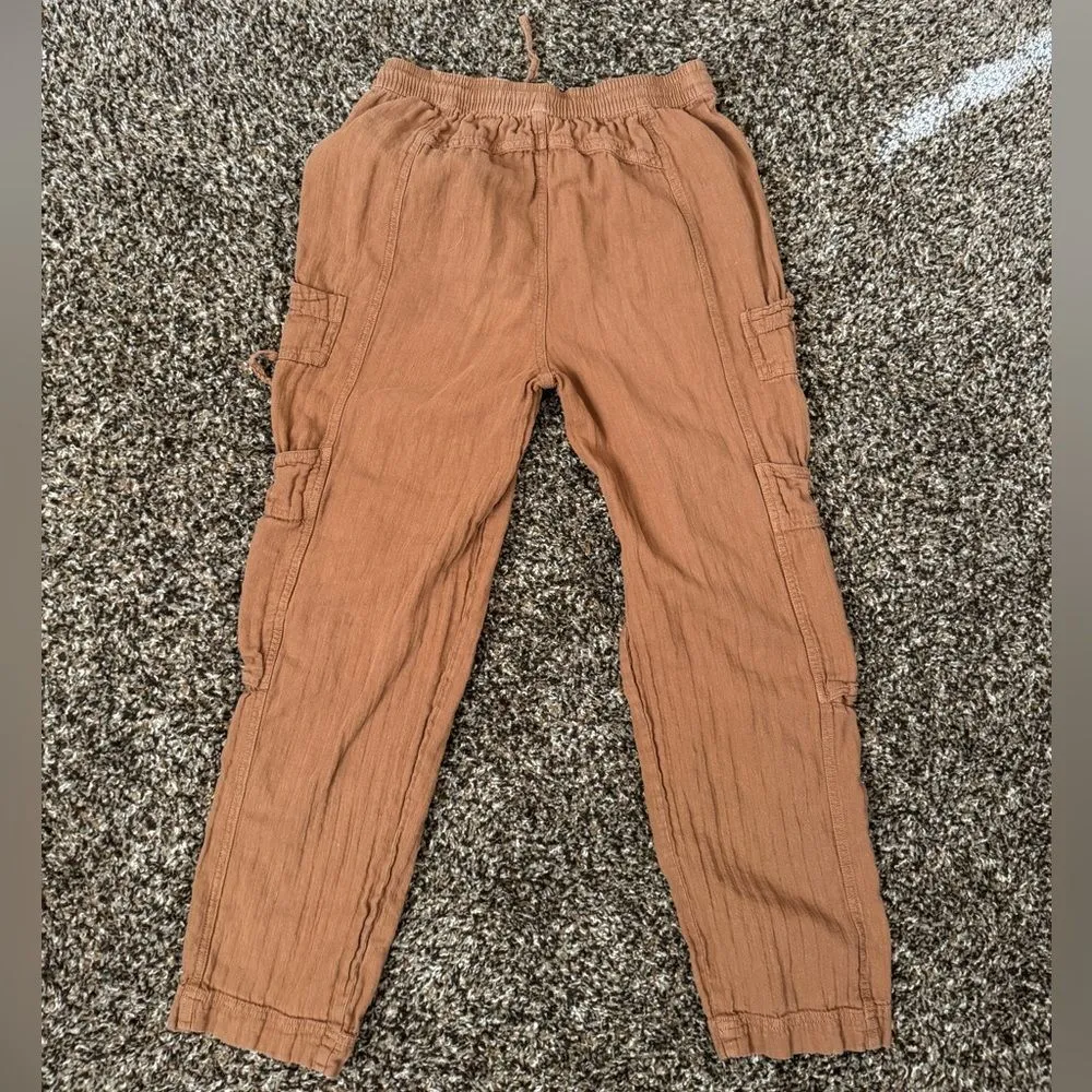 Free People Feel Good Utility Pull On Pants Sz XS Boho Linen Gauzy‎ Brown - Image 6