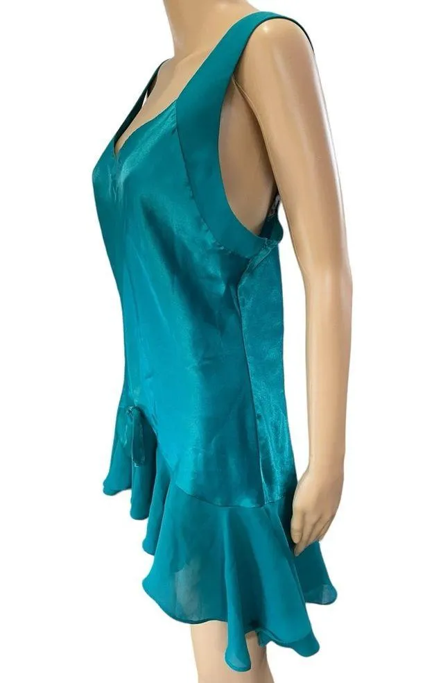 Sleep Solutions Vintage 90s Teal Ruffle Bow High Low Mini Lingerie Slip Dress Size M - Image 3