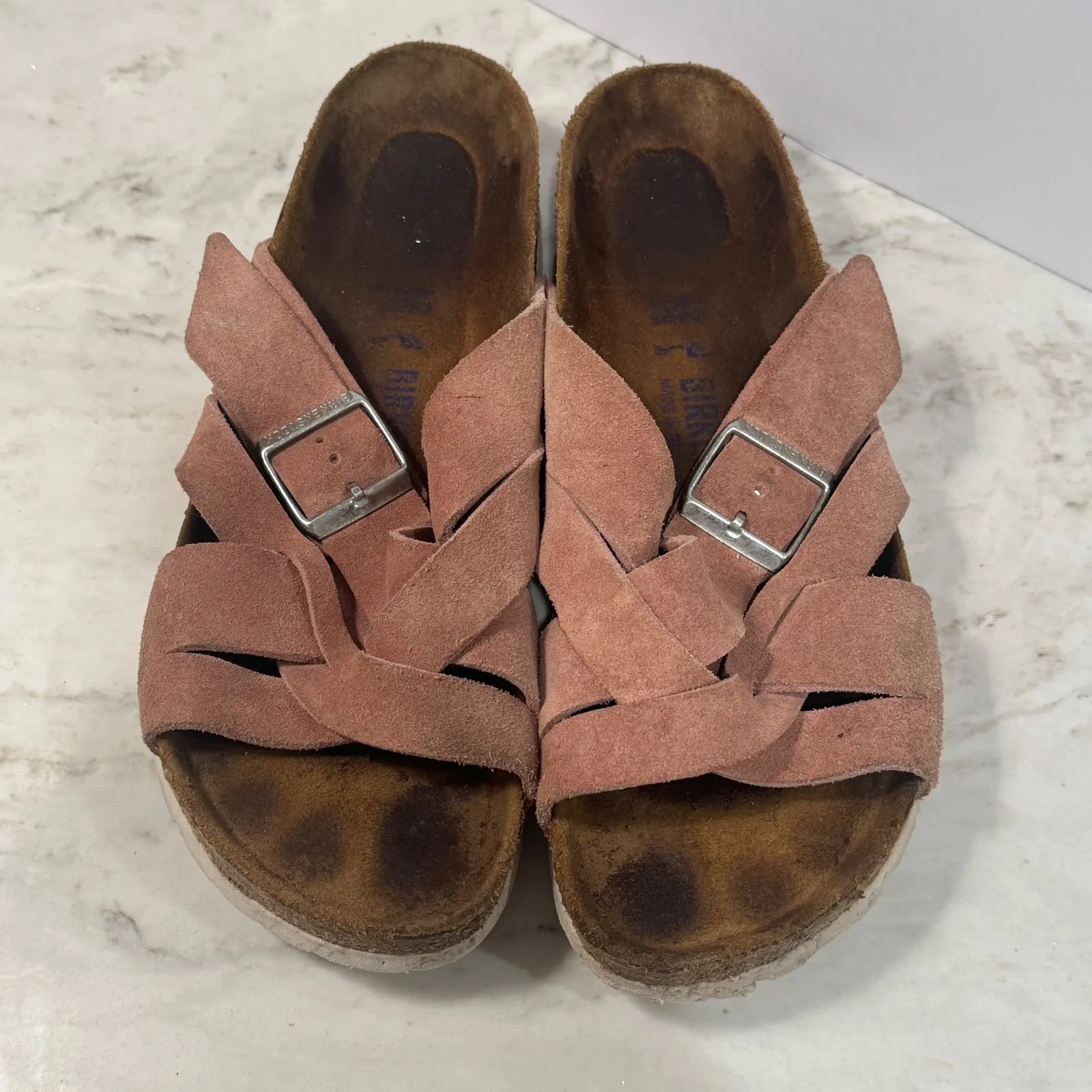 Birkenstock Lugano Soft Footbed Sandals Pink Rose Suede Leather Size 42‎ US 11 - Image 3