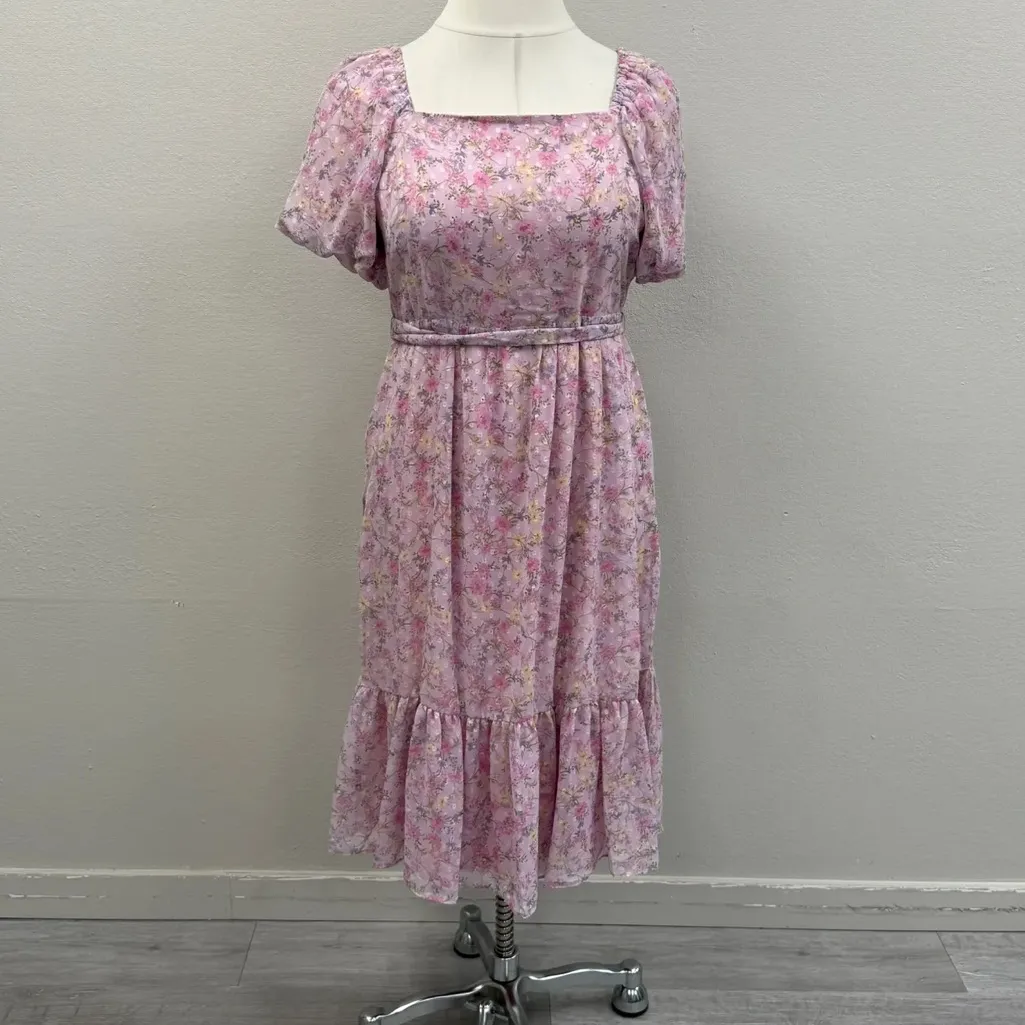 Julia Jordan Pink Floral Puff Sleeve Midi Dress - Size 14 - Image 3