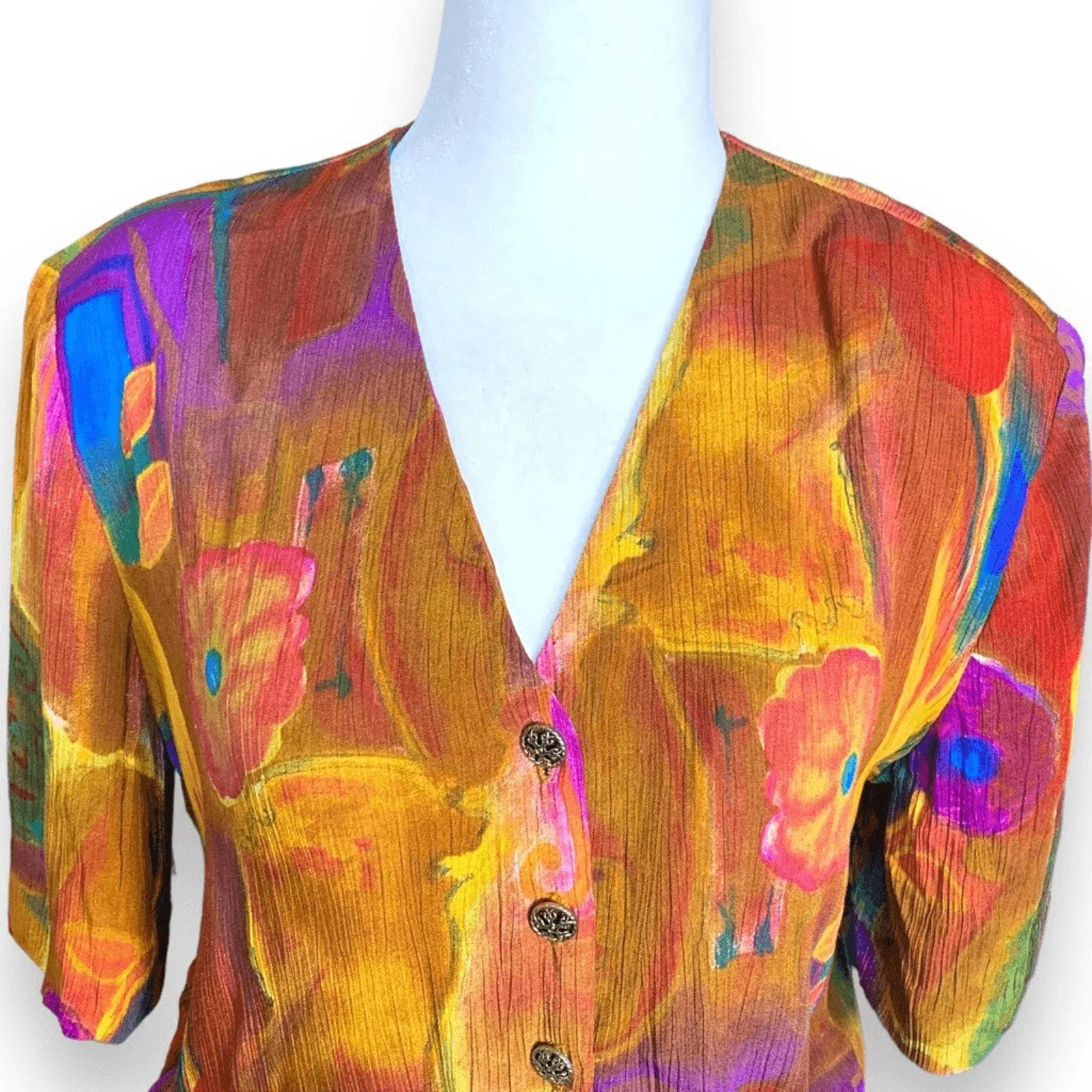 Vintage 90s Abstract Floral Tie Front Top Cropped Multicolor Rayon Shirt Small Orange - Image 6