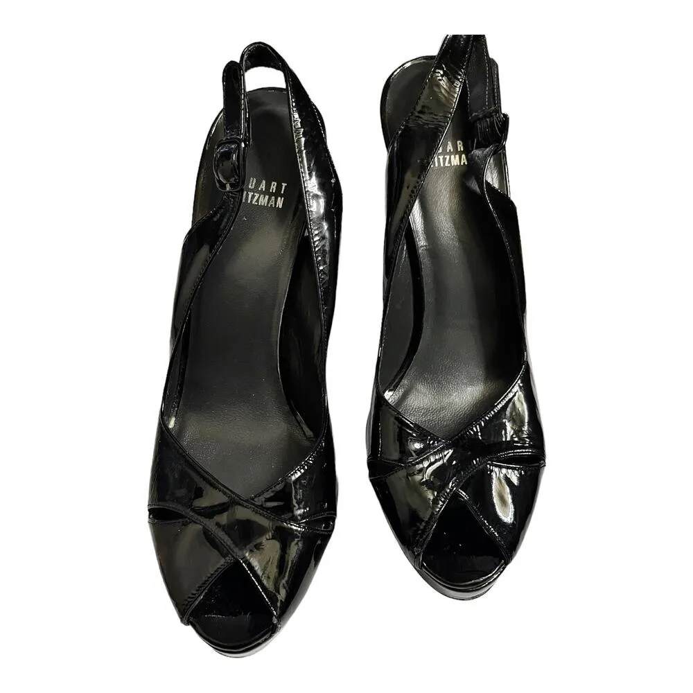 STUART WEITZMAN Platform Patent Leather Pumps Peep Toe Slingback Block Heels 8.5 - Image 8