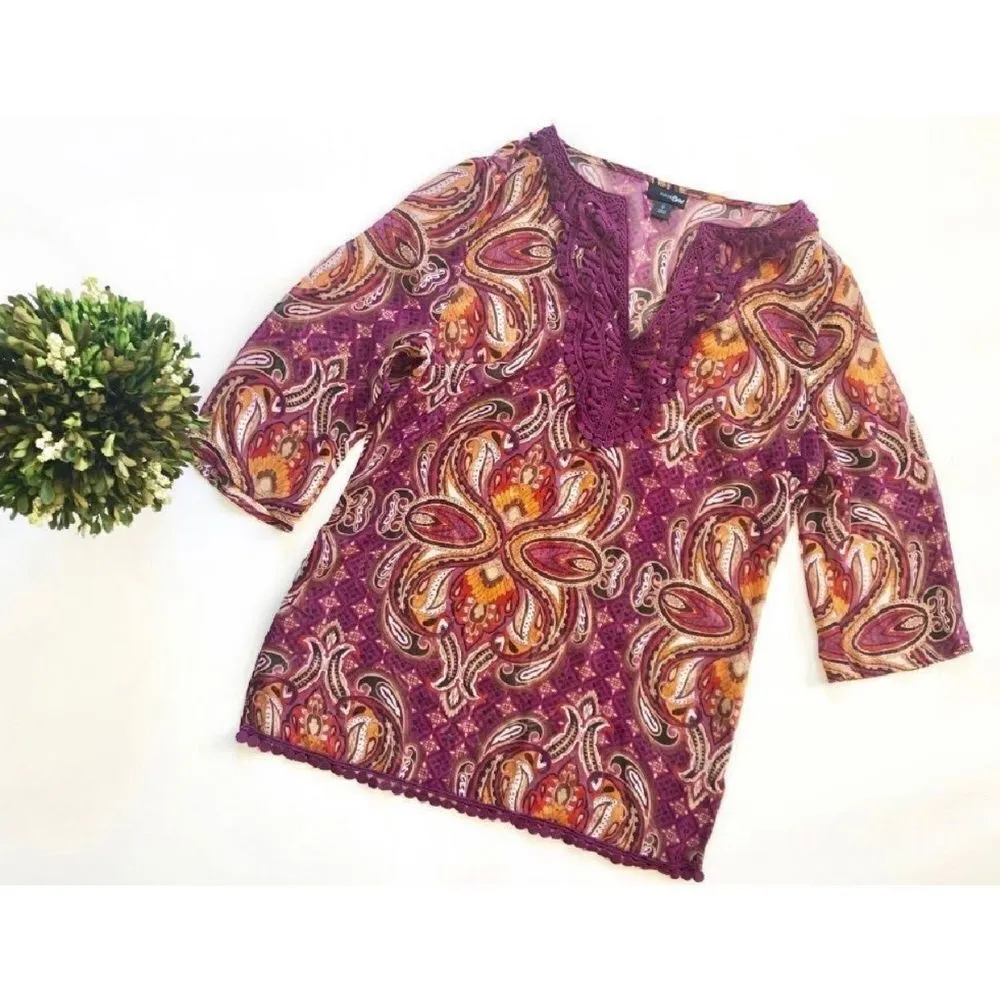 Womens East 5th Semi Sheer Paisley & Lace  3/4 Sleeve Tunic Top - Sz S - Image 2