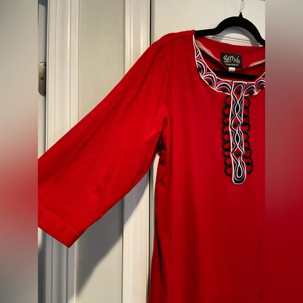 Bob Mackie Size L Red Embellished Embroidered Button Cotton 3/4 Sleeve Tunic Top - Image 3