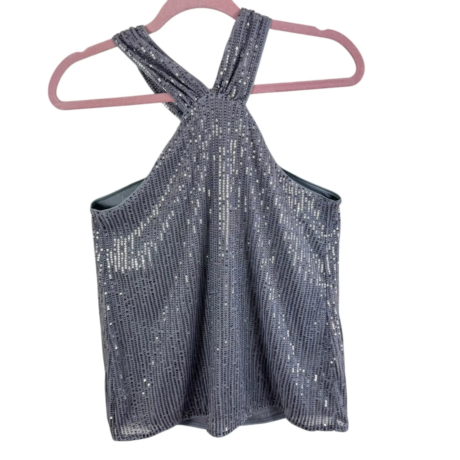 Grace Karin NWT Silver Sequin Glitzy Glam Lined Halter Blouse Size S - Image 3