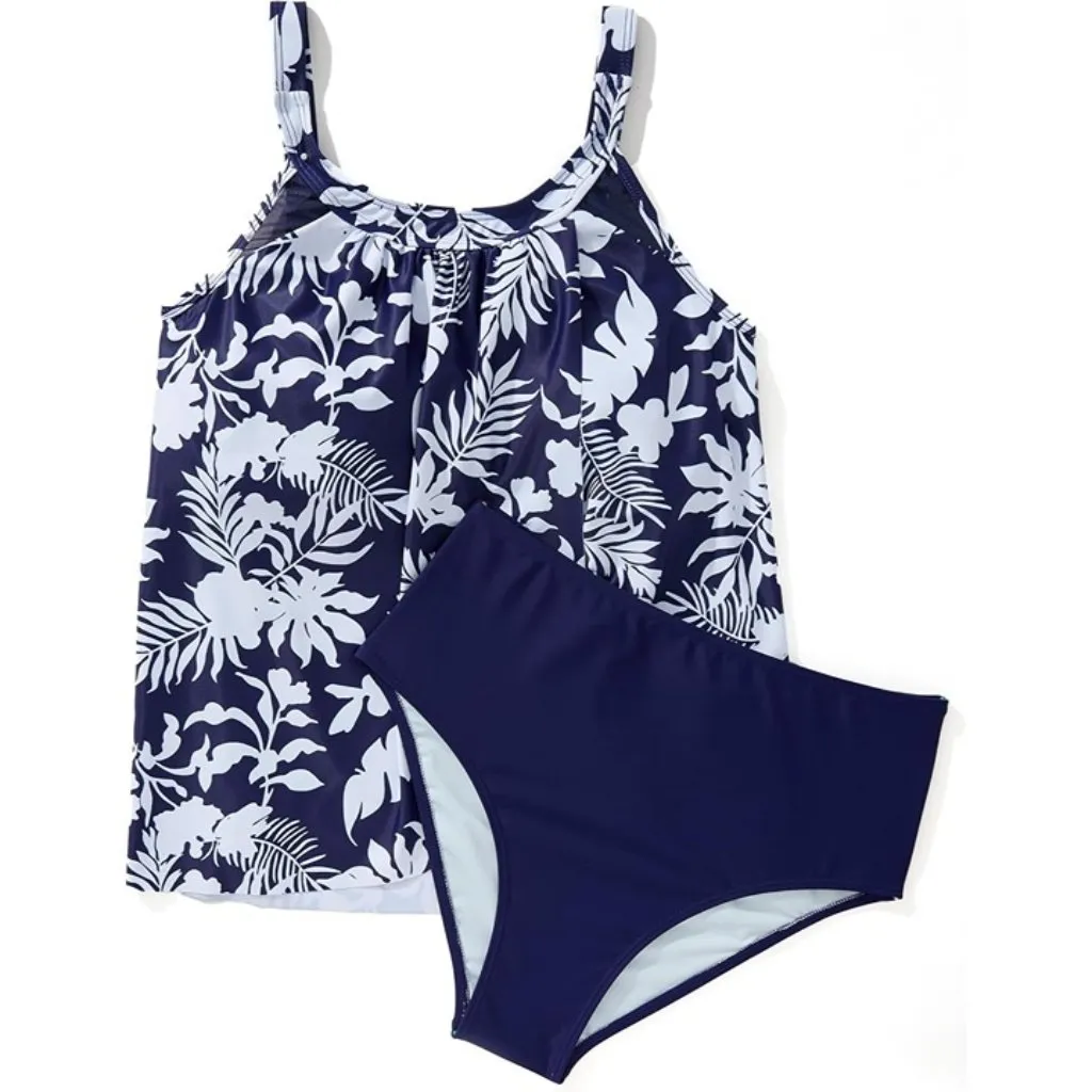 Tropical Navy Blue Tankini Two-Piece Ruffle High Waisted Swimsuit Floral LARGE - Image 3