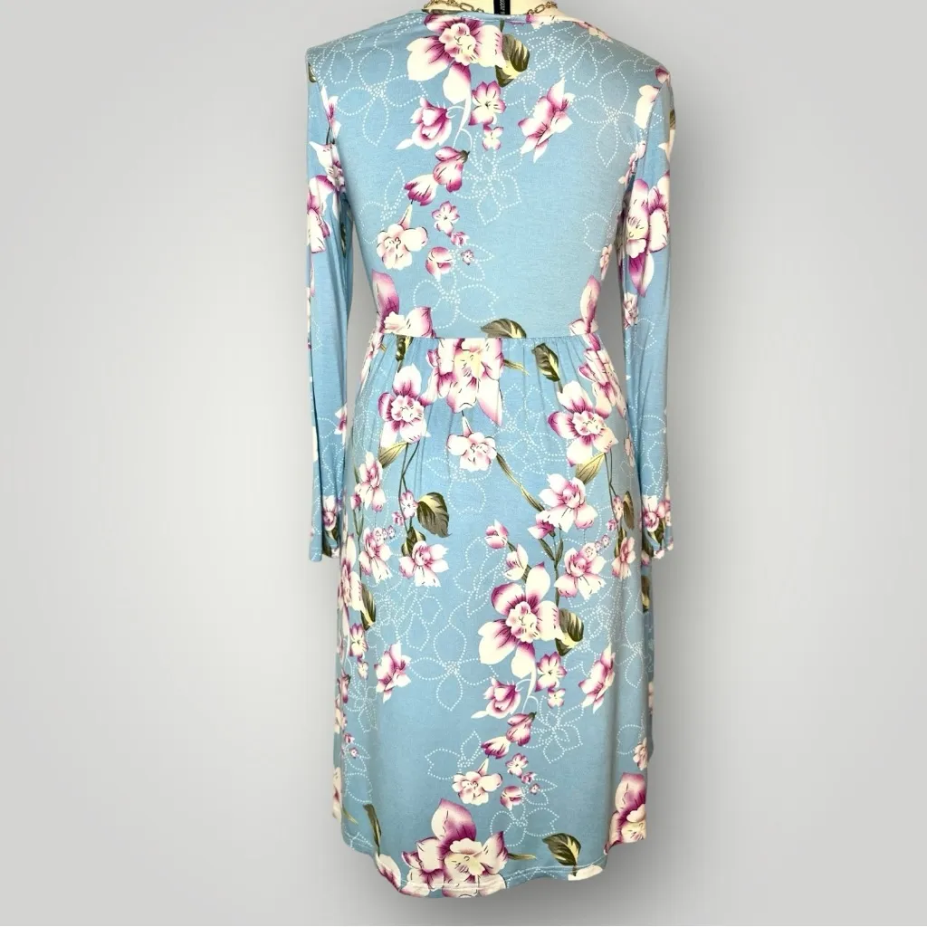 Db Moon Long Sleeve Empire Waist Flower Dress with Pockets (934) Blue Size M - Image 3