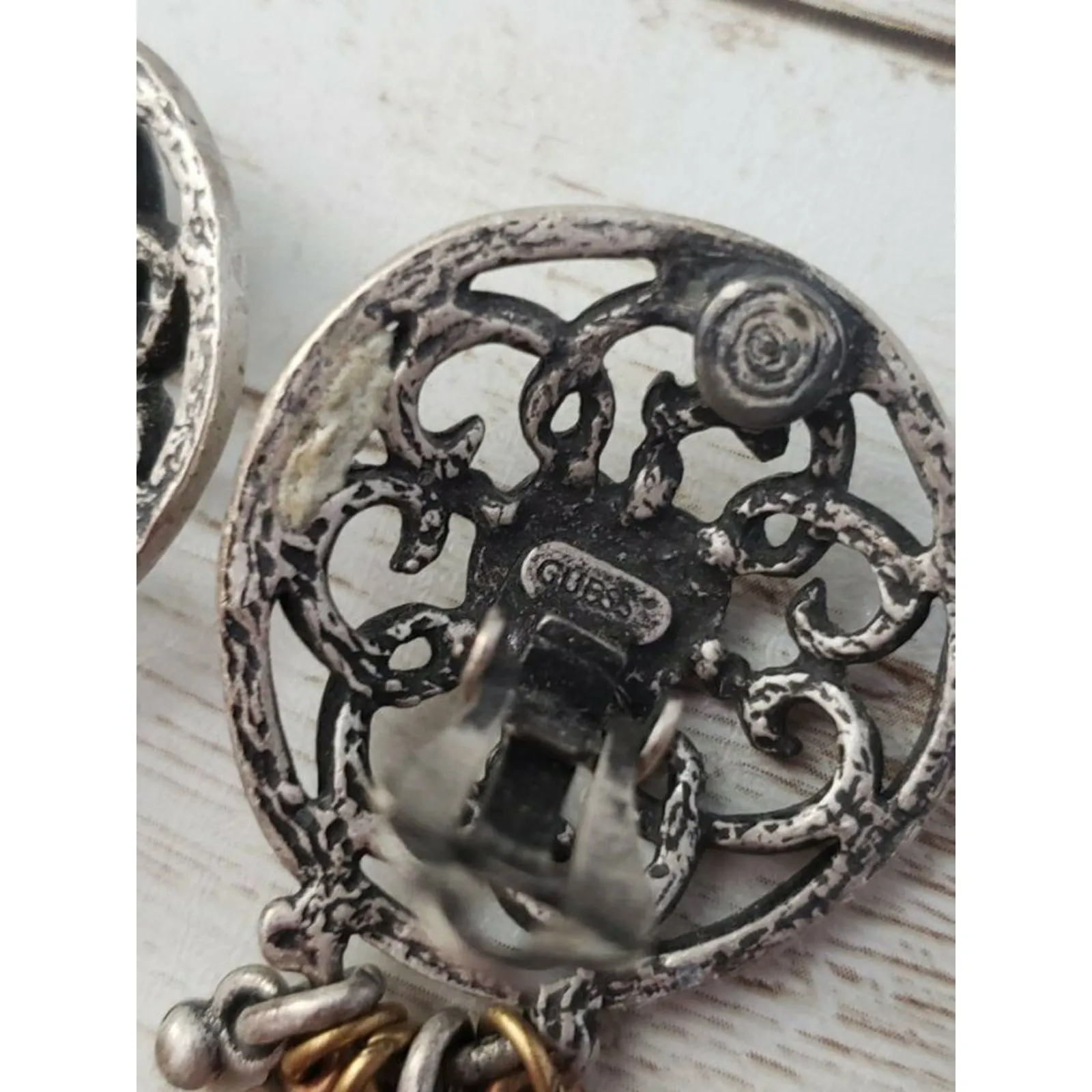 Vintage Guess Clip On Earrings Ornate Heart Dangle Statement - Image 5